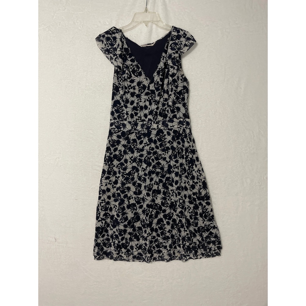 Tory Burch Navy White Silk Marian Dress Size 6 Floral Abstract Flutter Sleeve